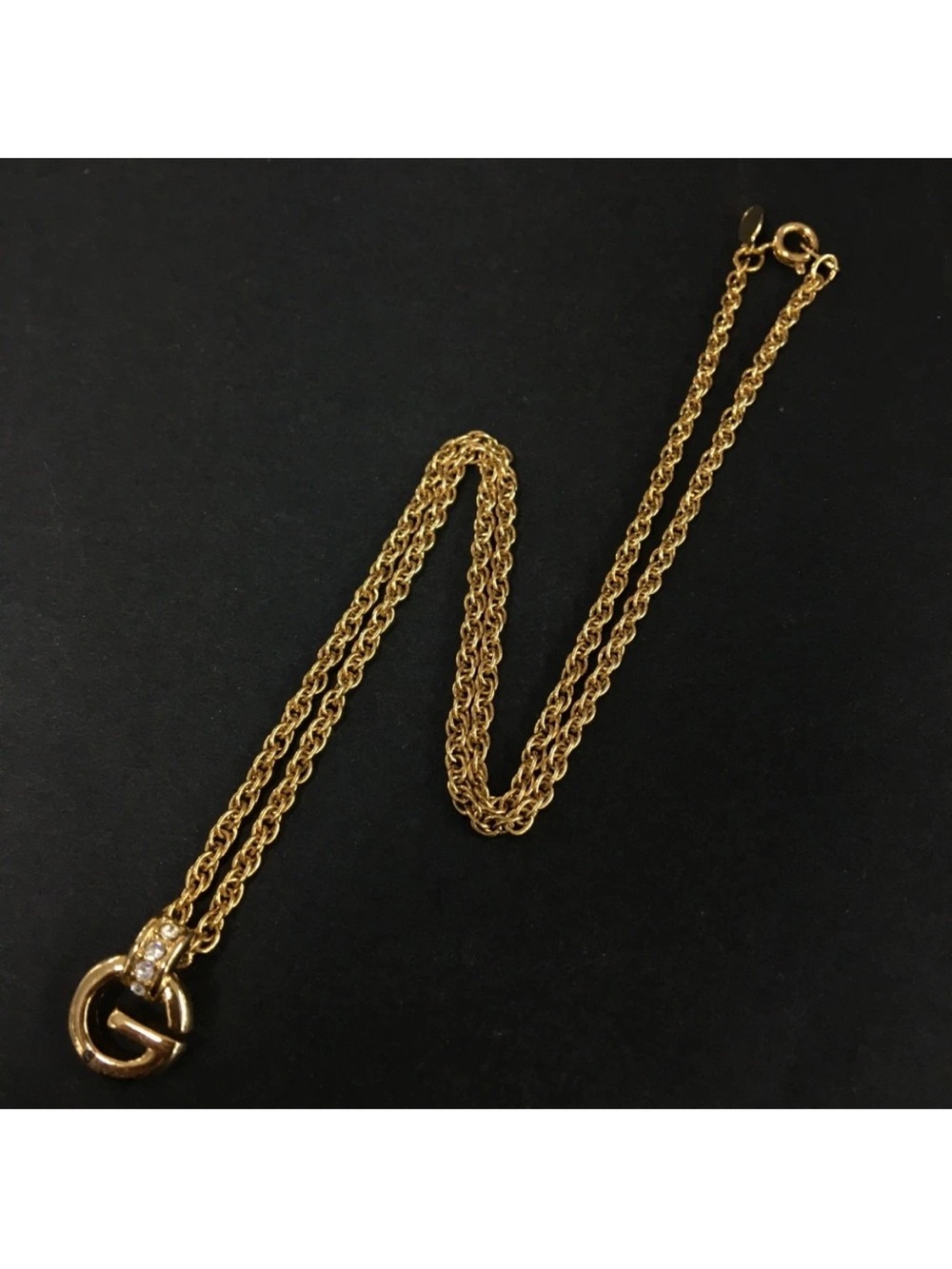 Vintage GIVENCHY Gold Plated Crystal Pave Bail Initial G Pendant Necklace👝